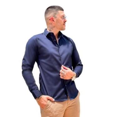 Imagem de Camisa Masculina Social Tencel Manga Longa Azul Marinho-Masculino