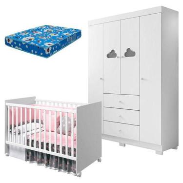 Imagem de Berço Americano Tico e Guarda Roupa Infantil Ane Branco Brilho com Col