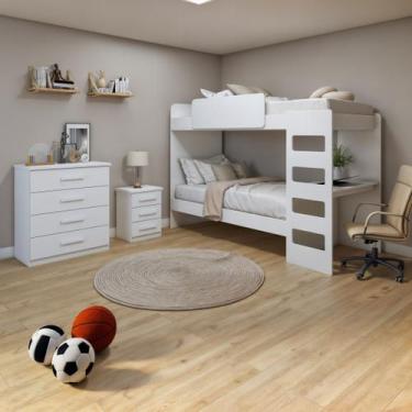 Imagem de Kit Quarto Infantil 4 Peças com Beliche Olga Cômoda e Mesa de Cabeceir