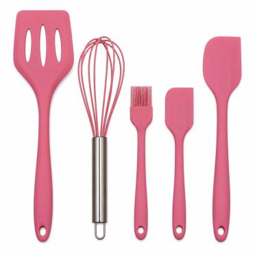 Imagem de Conjunto de Utensílios de Silicone Rosa para Cozinha Completo Resistente ao Calor com Pincel Espátula Batedor