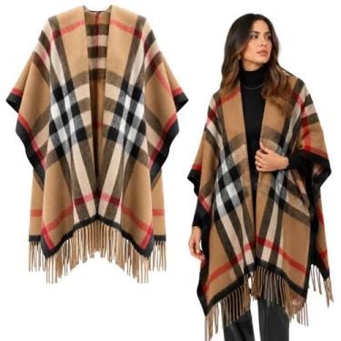 Imagem de Poncho Xadrez Unissex Premium: Capa De Inverno Elegante Com Franjas (1