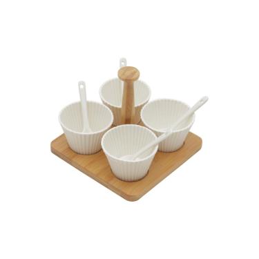 Imagem de Conjunto 4 Molheiras Porcelana Com Colheres E Suporte Bambu 16X16X13Cm - Bon Gourmet