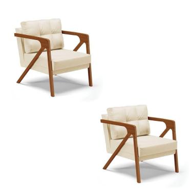 Imagem de Kit 02 Poltronas Corino Base De Madeira Castanho Bege