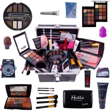 Imagem de Maleta de Maquiagem Profissional Jasmyne Luisance Macrilan Rubys 129 Sombra Base Pincel Iluminador Lápis Pó Blush Primer Máscara Cílios Batom Lip Balm Demaquilante Delineador Esfumar Kabuki Completa (morena)