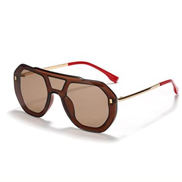 Imagem de Óculos de sol de liga de uma peça vintage para mulheres moda verde gradiente plano óculos de sol masculinos grandes rebites tons femininos gafas, chá, com estojo