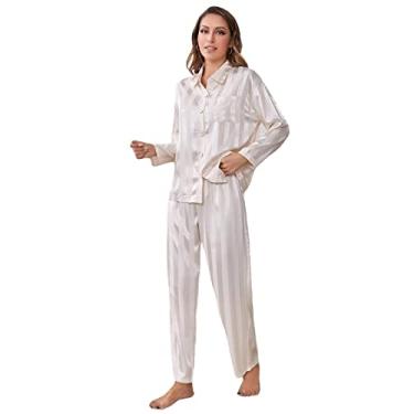 Imagem de Conjuntos de pijama feminino roupa de dormir camisola para mulheres manga longa botão frontal camisa e calça conjunto de pijama, bege, G