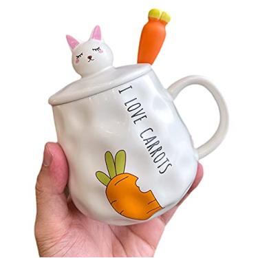 Imagem de Caneca de gato com tampa e colher 3D linda xícara de chá de café de cerâmica conjunto de caneca de casal presente de aniversário para professores, mães, amigas, amantes, (I love cenrots c, 400 ml)