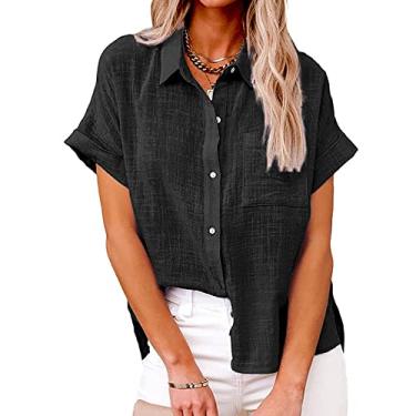 Imagem de Camiseta feminina cor sólida camisa de botão de linho manga curta casual manga enrolada camisas tops, H, XGG (busto: 110 cm)