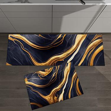 Imagem de Conjunto de 2 tapetes de cozinha de mármore arte moderna azul escuro dourado para tapetes acolchoados no chão e tapetes antiderrapantes absorventes corredor confortável tapete de pé