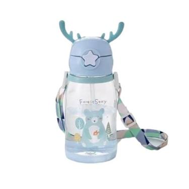 Imagem de Garrafa Infantil Bebe com Tampa e Canudo e Alça 600ml Chifre (Azul)