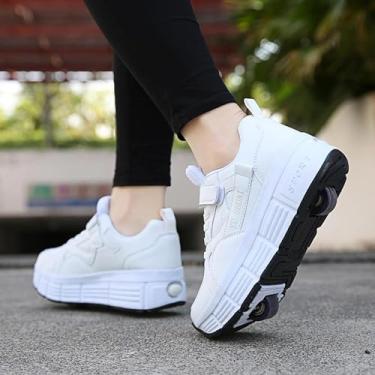 Imagem de Sapatos de patins para meninas e meninos, rodas retráteis para skate, tênis unissex para esportes ao ar livre e ginástica, patins multiuso 2 em 1, roda dupla branca, 31 UE