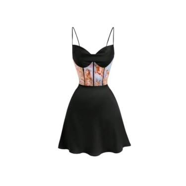Imagem de Camisa Feminina Figure Graphic Draped Collar Cami Dress (Color : Black, Size : M)