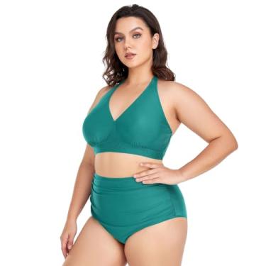 Imagem de Biquíni feminino plus size, cintura alta, maiô de 2 peças, frente única, franzido com parte inferior, Verde, GG Plus Size