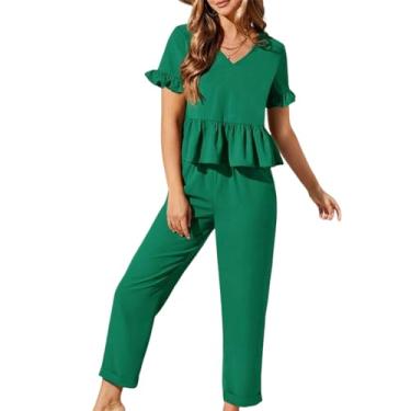 Imagem de Conjunto feminino de 2 peças de linho para mulheres, tops cropped com babados e calças largas para mulheres, Verde, Medium