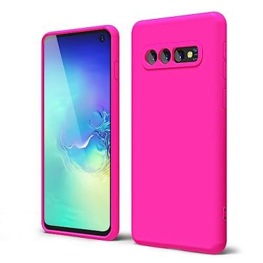 Imagem de oakxco Capa para celular Samsung Galaxy S10 Plus silicone líquido, cor sólida brilhante fluorescente, linda fina borracha macia TPU lisa gel fosco capa protetora para mulheres meninas, rosa choque