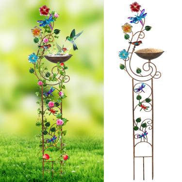 Imagem de YADOOLIFE Banheira de pássaro de 144,8 cm de altura com treliça de jardim para plantas trepadeiras ao ar livre, banhos decorativos de metal para pássaros, banhos e suportes de ferro antigo, alimentador de pássaros de banho de pássaro em pé livre (libélula)