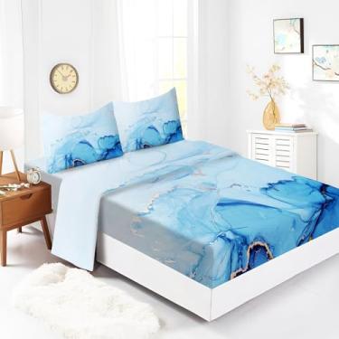 Imagem de Lençol King 198 cm x 203 cm com textura de mármore azul, 4 peças, lençol de cama luxuoso de microfibra macia, 40,6 cm, lençol com elástico profundo, respirável, resistente a rugas, resistente ao