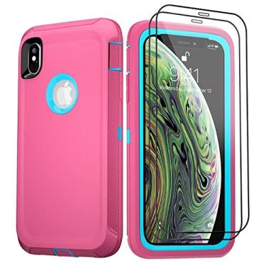 Imagem de BypaBox Capa para iPhone Xs Max com 2 películas protetoras de vidro temperado, capa de proteção total, capa de telefone resistente para Apple iPhone Xs Max 6,5 polegadas grau militar (rosa + azul claro)