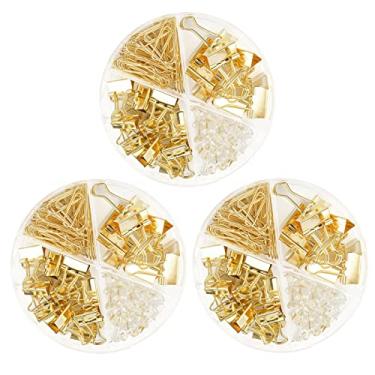 Imagem de Conjunto de clipes de papel e fichário, fichários de metal de tamanhos variados com alfinetes, material de escritório fofo para mesa, acessórios de mesa (conjunto dourado com 3)