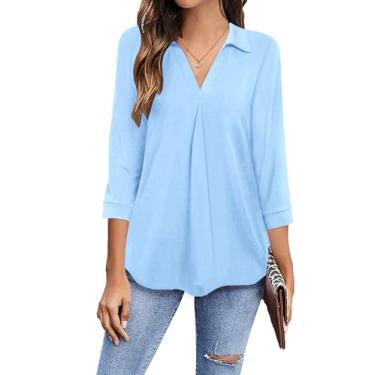 Imagem de Newchoice Camisas femininas com gola em V e manga 3/4 blusas casuais de negócios blusas de trabalho soltas (P-3GG), Azul-bebê, XG