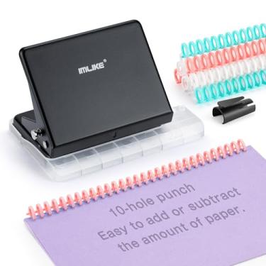 Imagem de IMLIKE Máquina de encadernação de 10 furos para planejadores - Sistema de encadernação manual de metal com 10 espinhos de encadernação de folhas soltas multicoloridas de 30 furos - perfura 26 furos em
