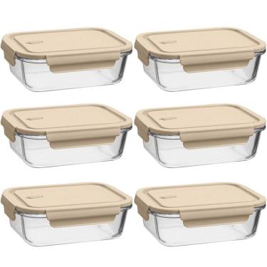 Imagem de 6 Potes Herméticos de Vidro Borossilicato 410ml UZ Retangulares Pequenos Capuccino Porta Mantimentos