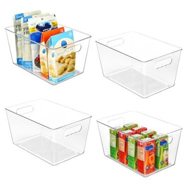 Imagem de Vtopmart Caixas organizadoras de despensa de plástico transparente, 4 unidades, para alimentos, com alça, para geladeira, geladeira, armário, cozinha, bancadas, armário, organização e armazenamento do freezer, sem BPA, grande