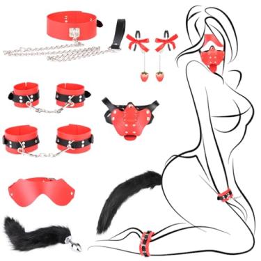 Imagem de INNEDYOUMM Kit de 7 peças de bondage sexual para mulheres, conjunto de restrições SM de couro com algemas ajustáveis, punhos no tornozelo, plugues anais, coleira, máscara de venda e grampos de mamilo