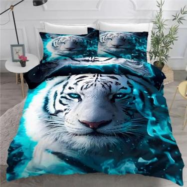 Imagem de Jogo de cama de capa de edredom de tigre branco King Animal 3 peças texturizadas de microfibra macia 264 x 228 cm e 2 fronhas, com fecho de zíper e laços