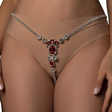 Imagem de Calcinha sexy de strass vermelho tanga de cristal cintura biquíni corrente corporal joia roupa íntima de strass corrente de fio dental para mulheres (prata 1)