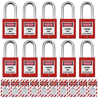 Imagem de Fechaduras de identificação de bloqueio, cadeado de segurança, fechaduras Loto com chave diferente para fora da etiqueta, 10 cadeados de segurança de plástico com 10 etiquetas de bloqueio vermelho