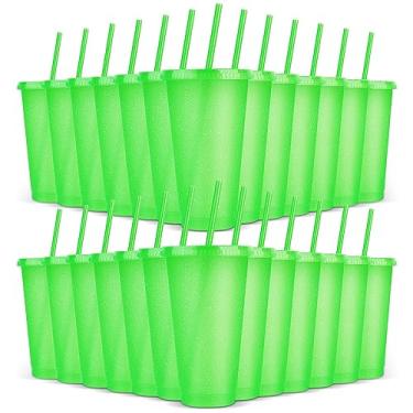 Imagem de LEIFEOSH Pacote com 24 copos de plástico com tampas e canudos, copos reutilizáveis com tampas, copos coloridos de plástico para festas, aniversários, xícara de café gelado, caneca de viagem, copos de