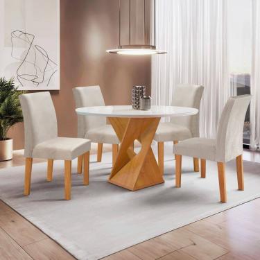 Imagem de Conjunto Mesa Barcelona 100cmx100cm 4 Cadeiras Espanha Tampo Slim Plus Redondo Vidro Yescasa Cinamomo/Off White/Gelo