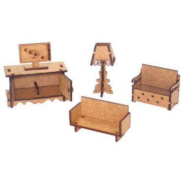Imagem de Kit Miniatura Sala Com 5 Peças Sofá Abajur Tv Comoda Baú Mdf