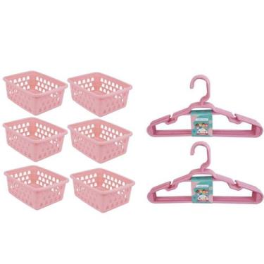 Imagem de Kit organizador 10 cabide infantil 6 cestos branco rosa azul - Borcele