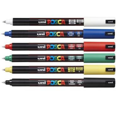 Imagem de Kit 6 Posca PC-1MR Branca, Preta, Azul, Verde, Verm, Amarelo - Uni-bal