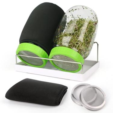 Imagem de Kit de pote para germinação de sementes | 2 frascos de broto de boca larga com tampas de tela de aço inoxidável, bandeja de gotejamento, suporte e escova de conserva | Conjunto de brotos para cultivo de brócolis, alfafa, feijão mung (preto)
