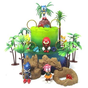 Imagem de Conjunto de Topo de bolo de aniversário de luxo SONIC and Friends com personagens sônicos e acessórios temáticos decorativos