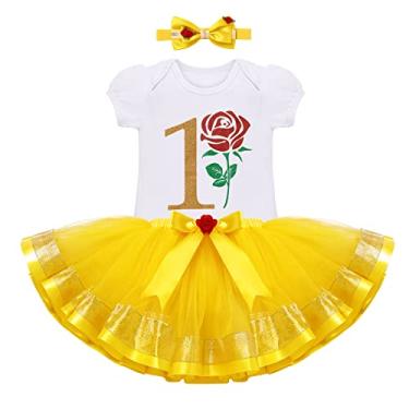 Imagem de Macaquinho para meninas de 1º aniversário de princesa, cosplay, personagem, tutu, sessão de fotos, roupas de festa, Belle-rose, 1 ano