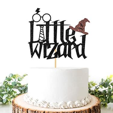 Imagem de Helewilk Topo de bolo pequeno feiticeiro, chá de bebê com tema mágico/decoração de festa revelação de gênero, decoração de bolo de festa de 1º aniversário para meninos, suprimentos de festa de bebê de