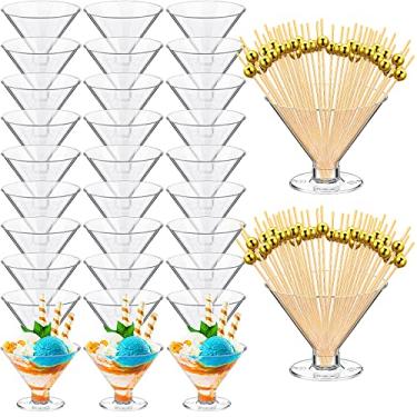 Imagem de Conjunto de copos de martini de plástico transparente e palitos de coquetel de pérolas douradas copos de coquetel copos de plástico para martini mini copos de sobremesa transparentes para festas de casamento, vinho, aperitivos, comida (100 peças, 140 g)