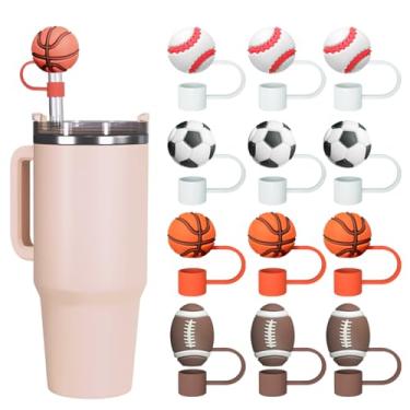 Imagem de 12 peças de tampas de palha para decorações de copos Stanley, bolas esportivas de silicone para copos Stanley de 30 e 1,134 g, tampas de palha fofas para canudos reutilizáveis de 0,4 polegadas 10 mm