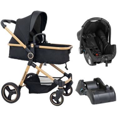 Imagem de Carrinho de Bebê Galzerano Ivy TRIO 3 em 1 Berço Passeio Moisés com Bebê Conforto e Base Carro Travel System 15 Kg Preto Dourado Gold Fecha Uma Mão