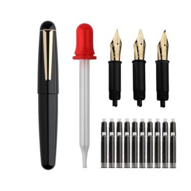 Imagem de SIPLIV Majohn Q2 mini caneta-tinteiro de resina tamanho bolso caneta de viagem irídio ponta fina caneta-tinteiro com 3 pontas, conta-gotas de tamanho curto e 20 cartuchos de tinta preta - preta