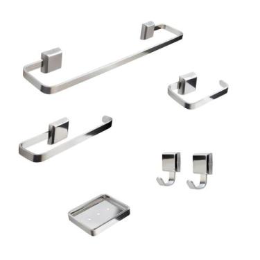 Imagem de Kit Acessórios Para Banheiro Luxo 6 Peças Saboneteira Inox 2 Cabides -