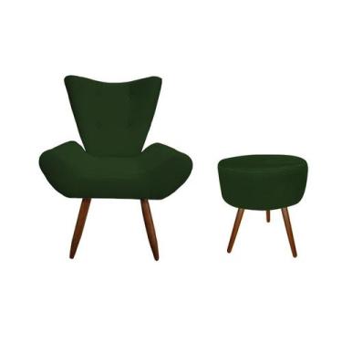 Imagem de Kit Poltrona Decorativa Emilia + Puff Redondo Suede Verde Pés Madeira 
