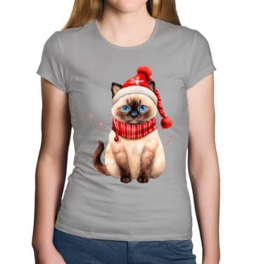 Imagem de Baby Look Algodão Gato Natalino Gorro e Cachecol - Foca na Moda, Cinza