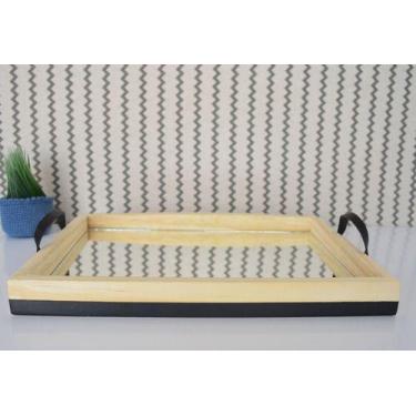 Imagem de Bandeja Faixa Preta Moderna Pinus Espelho Mesa Alça Couro - Ciranda Ar