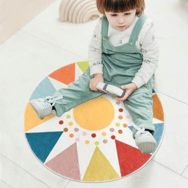 Imagem de Lacomfy Tapete infantil pequeno boho tapete de sol para brincar 80 cm redondo sol quarto tapete para meninos meninas tapete círculo berçário tapete para sala de jogos para crianças tapete lavável para