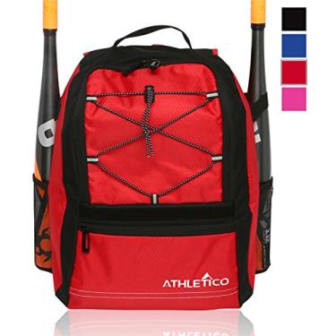 Imagem de Athletico Bolsa para taco de beisebol juvenil – Mochila para equipamentos e equipamentos de beisebol, bola T e softball | Comporta taco, capacete e luva | Gancho de cerca (vermelho)